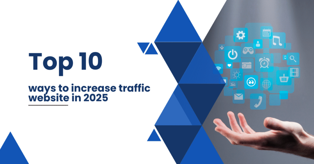Graphic banner showing a hand holding digital icons with geometric blue shapes and the title ‘Top 10 ways to increase website traffic in 2025,’ representing strategies to increase website traffic through modern digital methods.