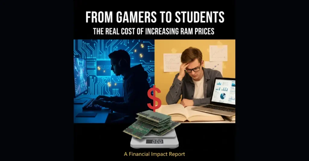 Visual showing the impact of rising ram price on gamers and students, highlighting the real cost of increasing RAM prices through gaming and study scenarios.