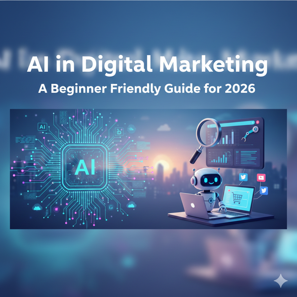 AI in digital marketing concept image showing an AI chip, analytics dashboard, and a robot using a laptop, representing a beginner friendly guide to artificial intelligence in marketing for 2026.