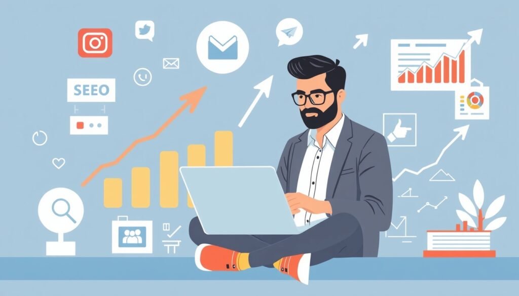 Digital marketing benefits illustration showing a businessman working on a laptop with SEO growth charts, social media icons, email marketing, and online analytics representing business growth and online success.