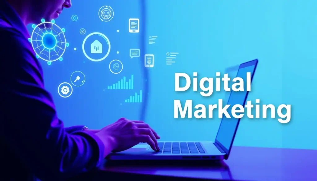 AI in digital marketing showing a professional using a laptop with artificial intelligence icons, data analytics, automation tools, and digital marketing visuals on screen