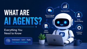 What are AI Agents? Illustration showing an AI robot using a laptop with icons representing task automation, smart decision-making, natural language understanding, action-oriented tasks, and continuous learning.