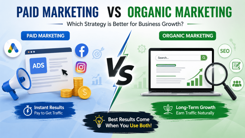 Paid Marketing vs Organic Marketing comparison infographic showing the key differences between paid advertising and organic marketing strategies, including instant traffic, long-term growth, SEO, Google Ads, and business growth benefits.