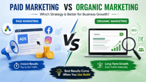 Paid Marketing vs Organic Marketing comparison infographic showing the key differences between paid advertising and organic marketing strategies, including instant traffic, long-term growth, SEO, Google Ads, and business growth benefits.