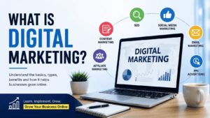 What is digital marketing? Guide showing SEO, social media marketing, content marketing, affiliate marketing, email marketing, and PPC advertising.