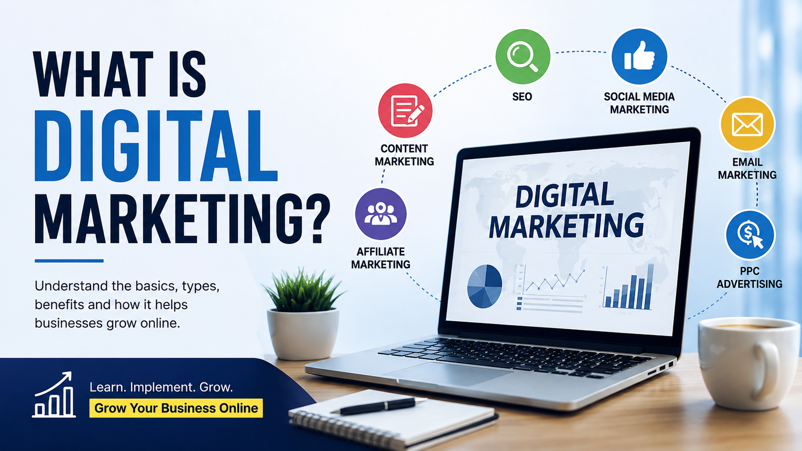 What is digital marketing? Guide showing SEO, social media marketing, content marketing, affiliate marketing, email marketing, and PPC advertising.